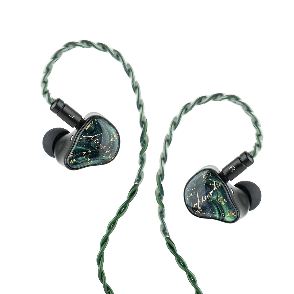 XENNS - Mangird Tea Pro SE IEMs with green braided cable and black eartips, designed for high-fidelity in-ear listening.
