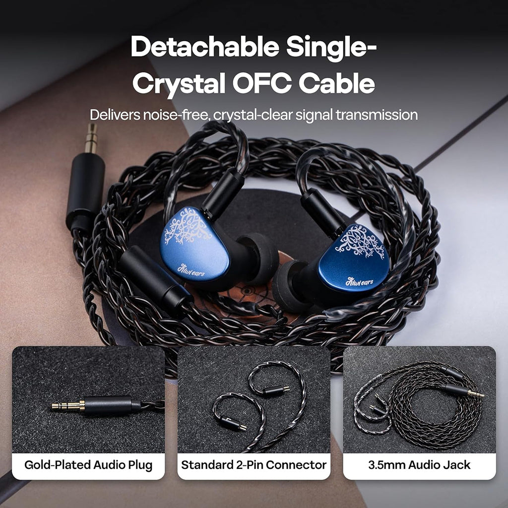 Blue in-ear monitors with detachable cable and accessories