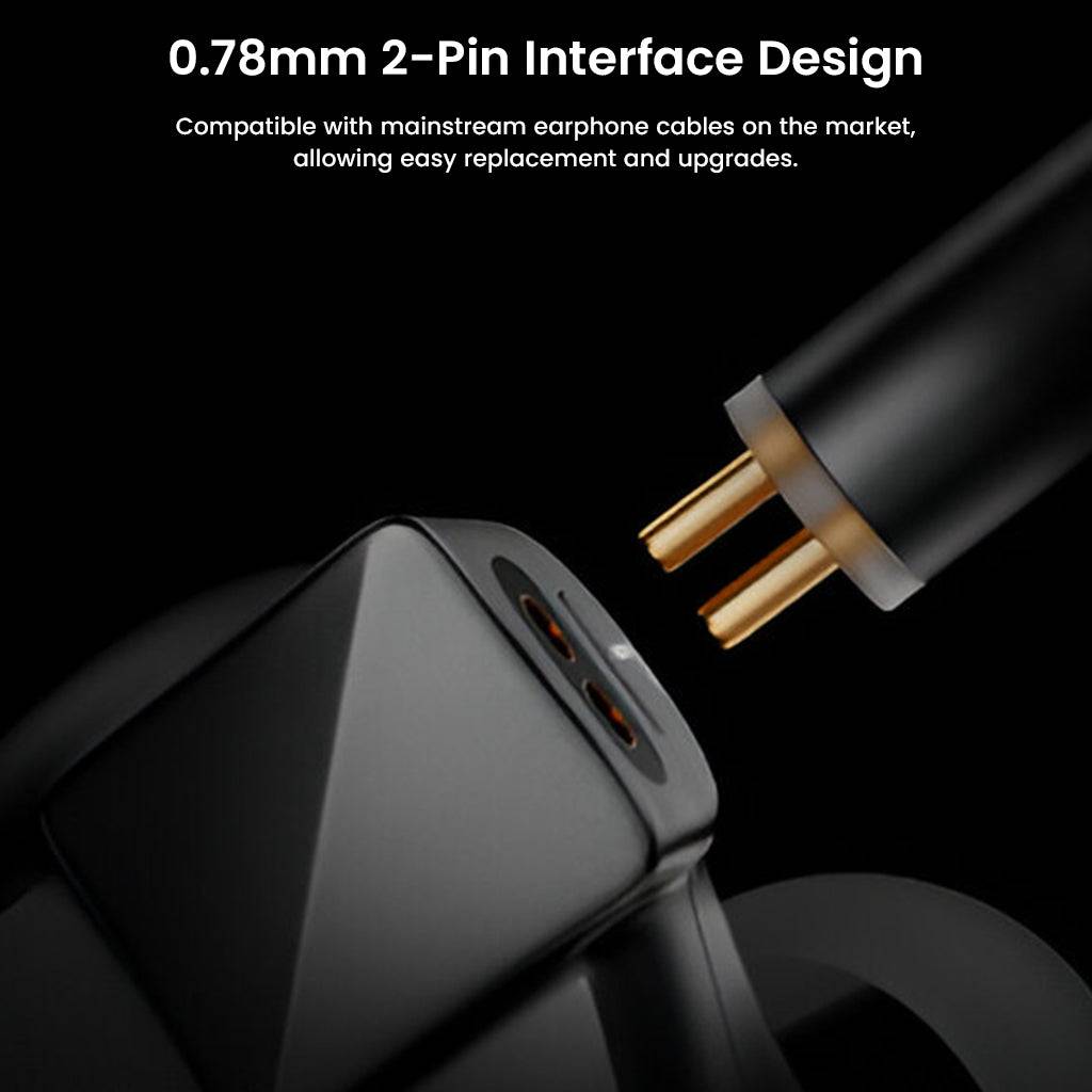 0.78mm 2-pin connector of LETSHUOER S12 Ultra IEMs, compatible with mainstream cables for easy upgrades and replacements.