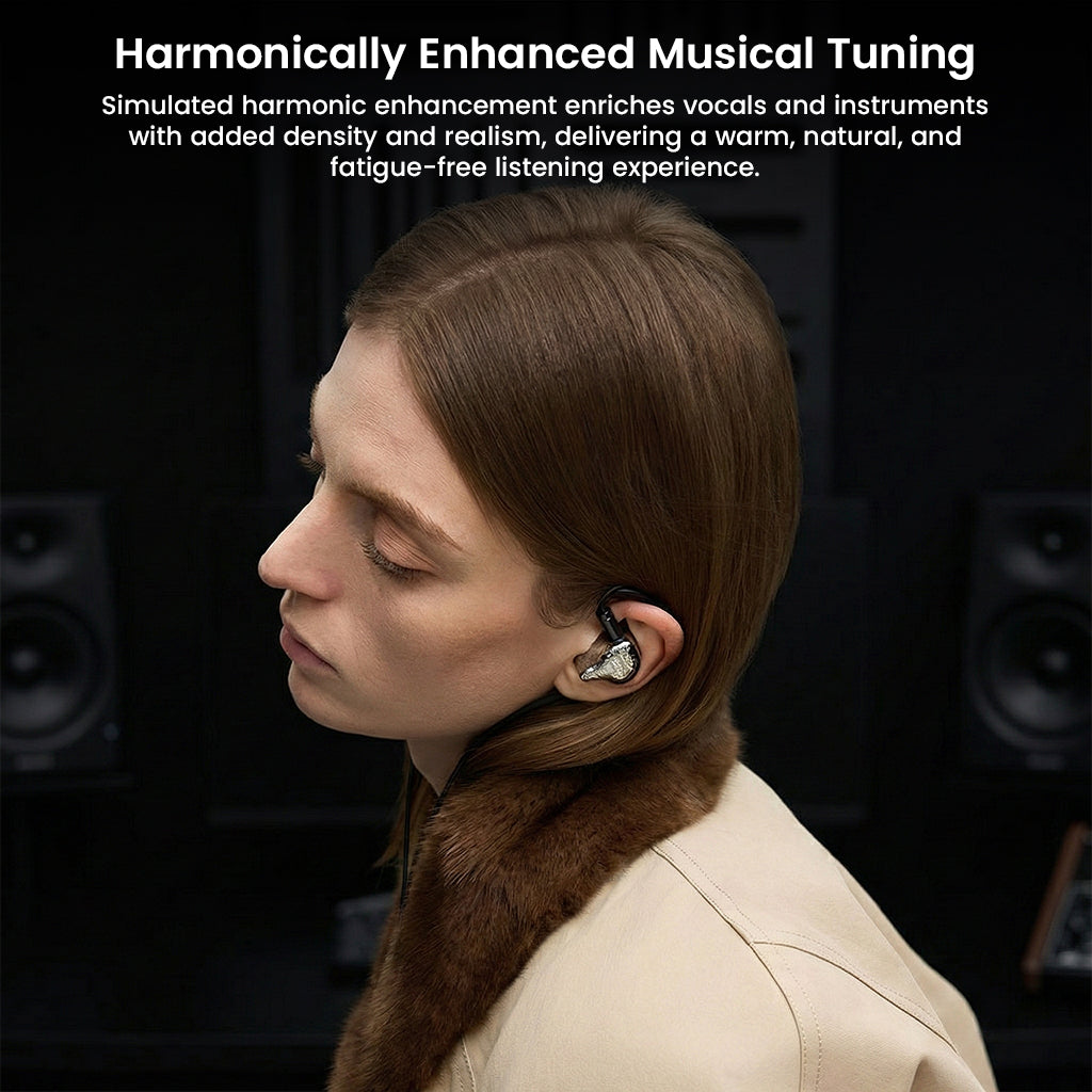 Close-up of woman enjoying GENESIS G318 IEM, emphasizing harmonically enhanced tuning for warm, natural, and fatigue-free sound experience.