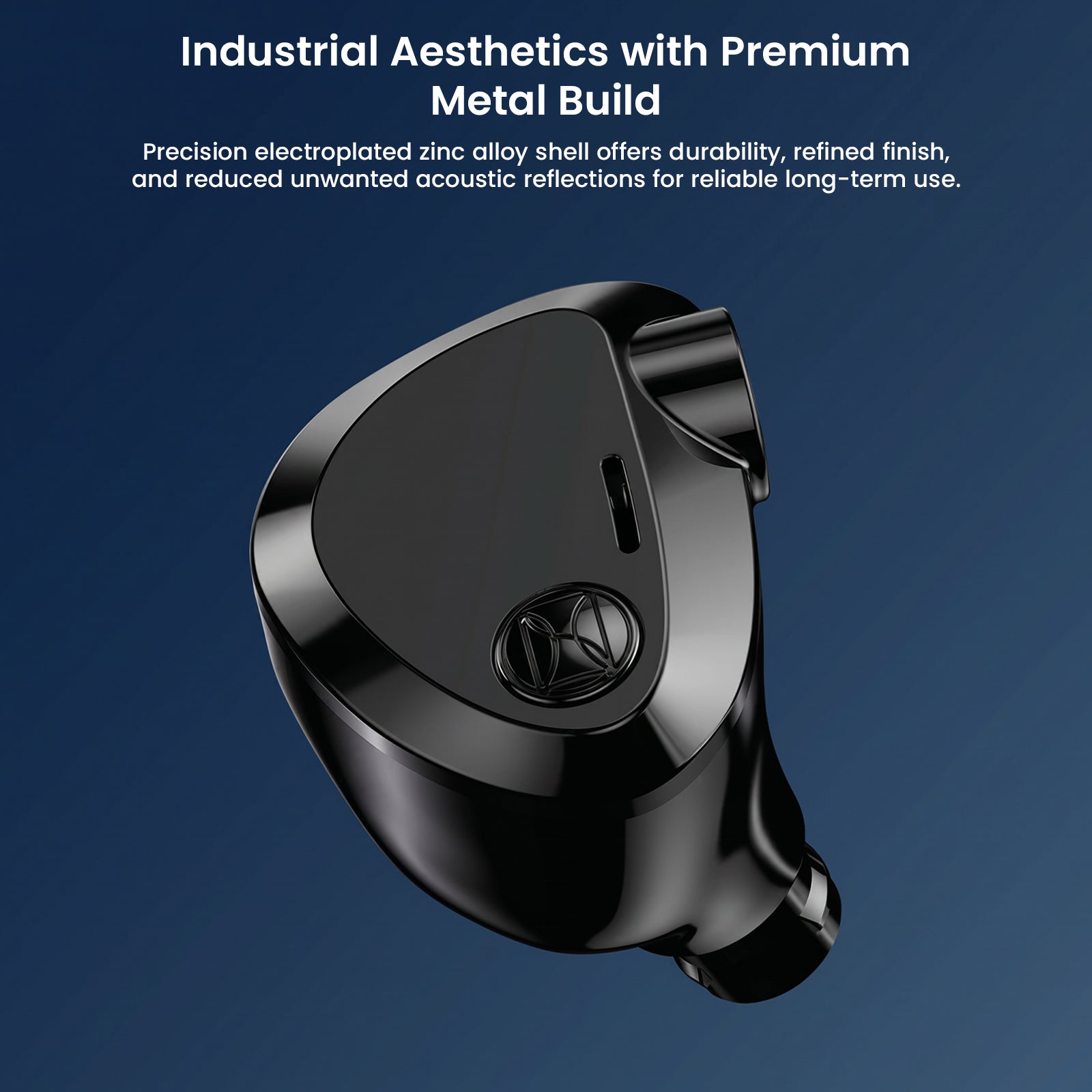 Close-up of sleek black in-ear monitor with metallic accents against blue background