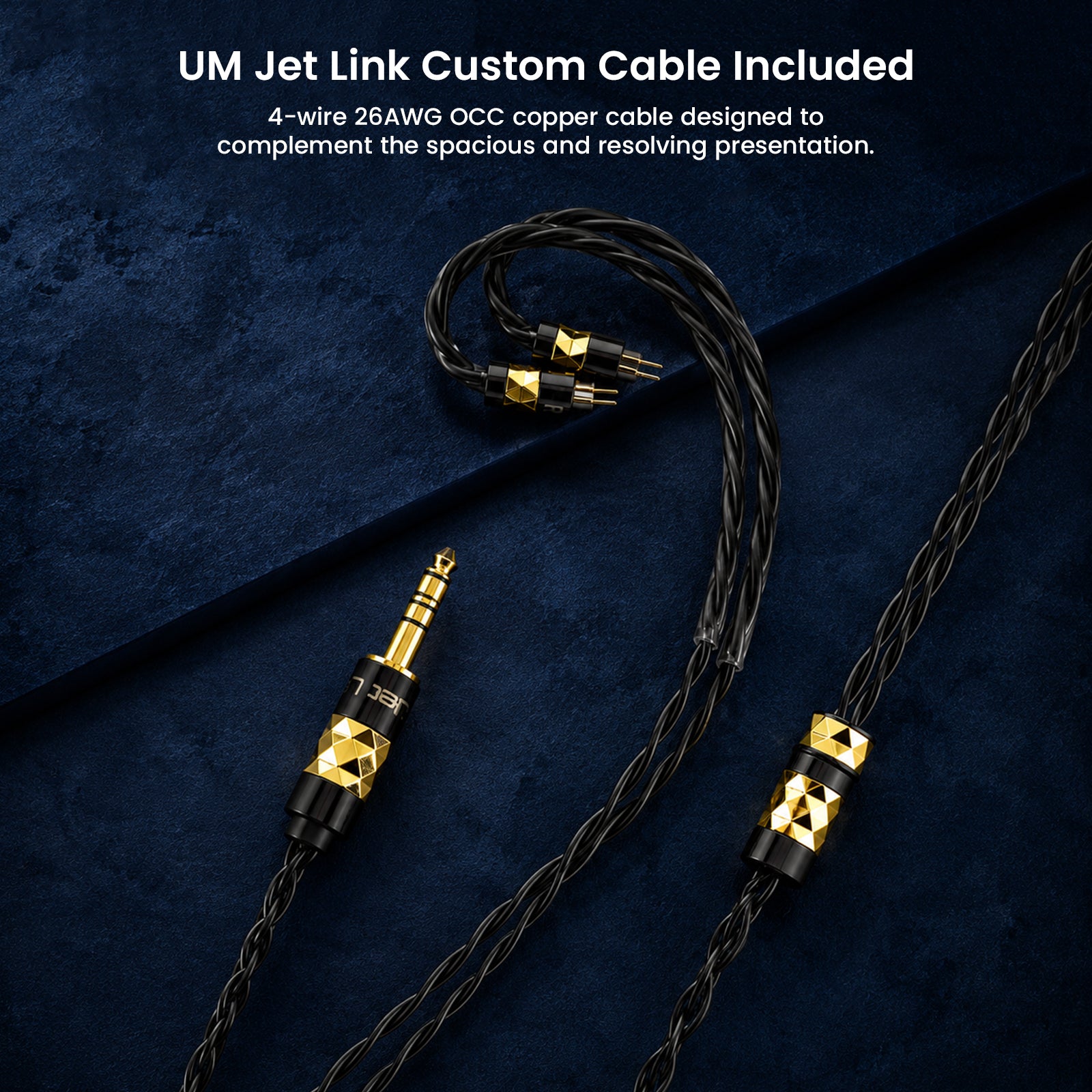 Black and gold hybrid in-ear monitors with custom cable