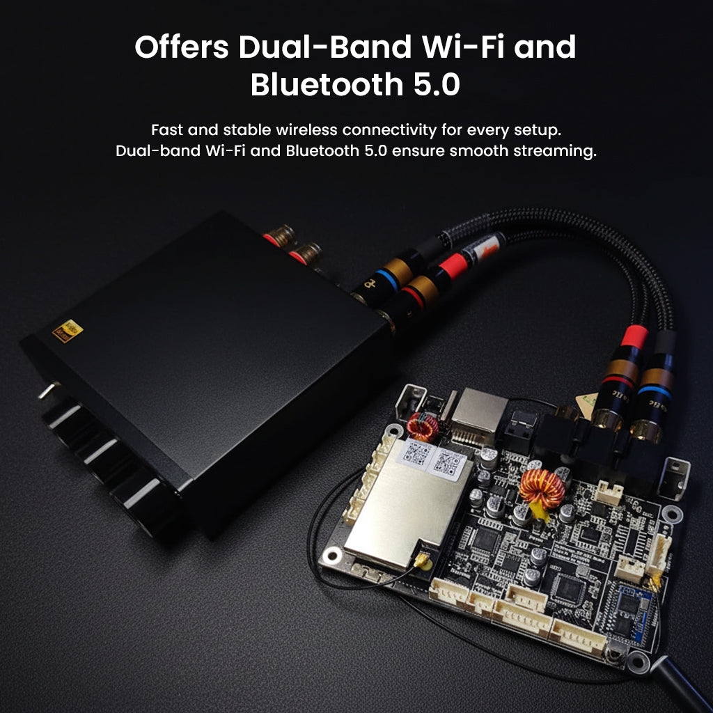 Arylic Up2Stream HD DAC board with dual-band Wi-Fi and Bluetooth 5.0 for stable and fast wireless audio streaming.
