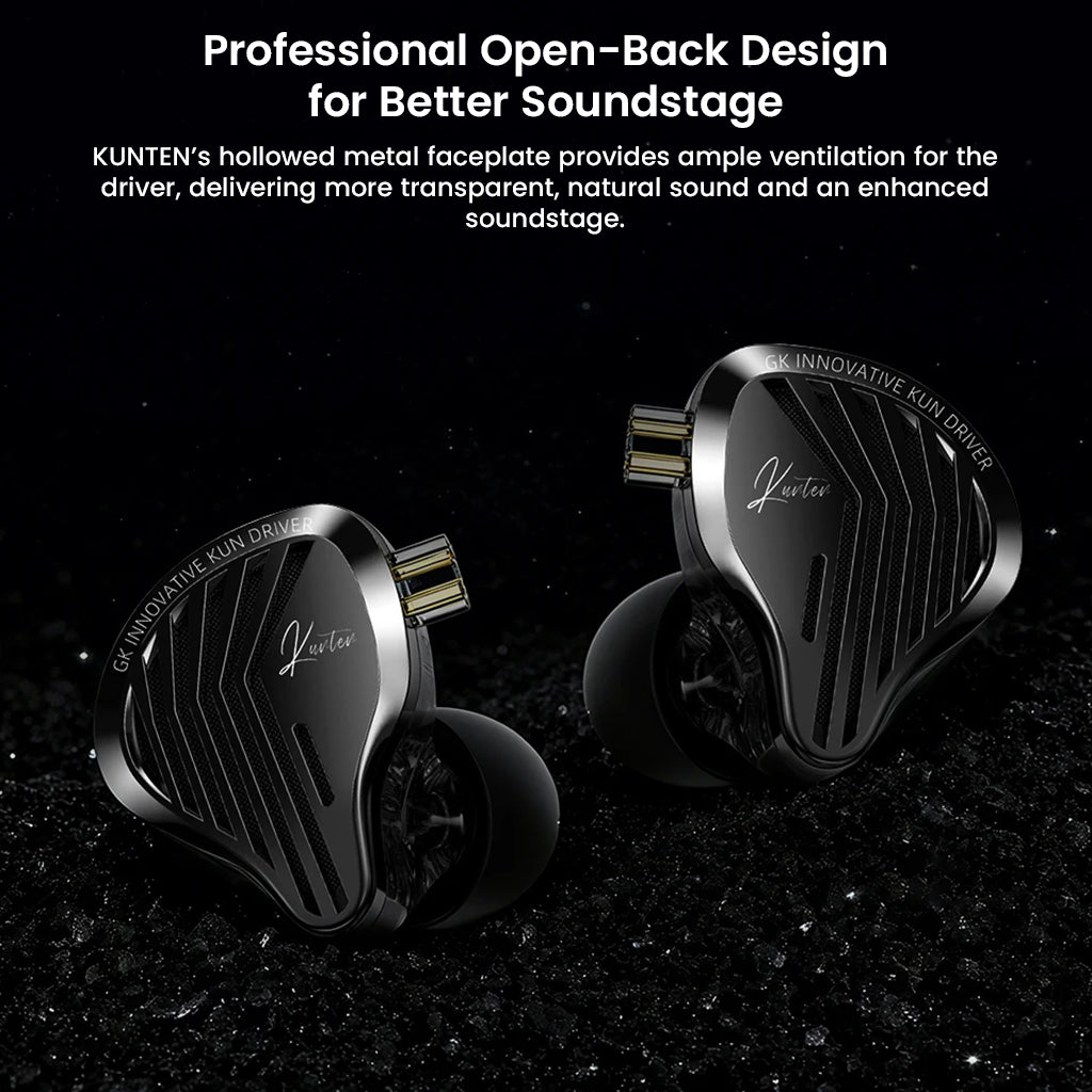 Dual GK-KUNTEN IEMs with open-back metal faceplate design for enhanced soundstage and natural sound reproduction.
