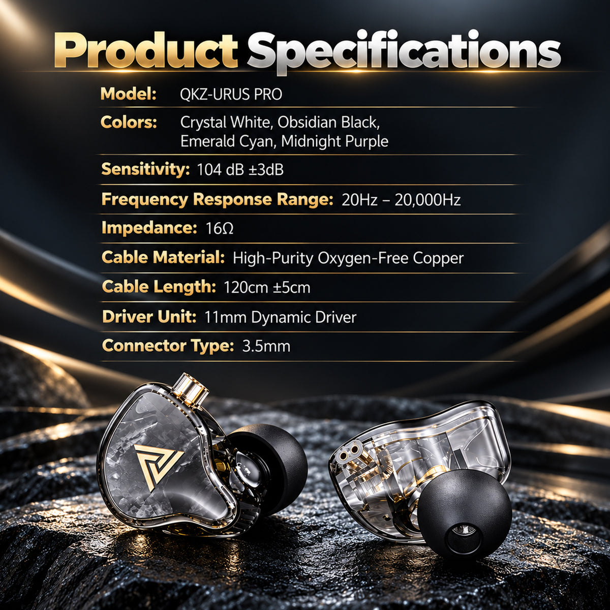 Close-up of transparent in-ear monitors with black ear tips and gold accents, resting on a textured black surface, showcasing their sleek design.