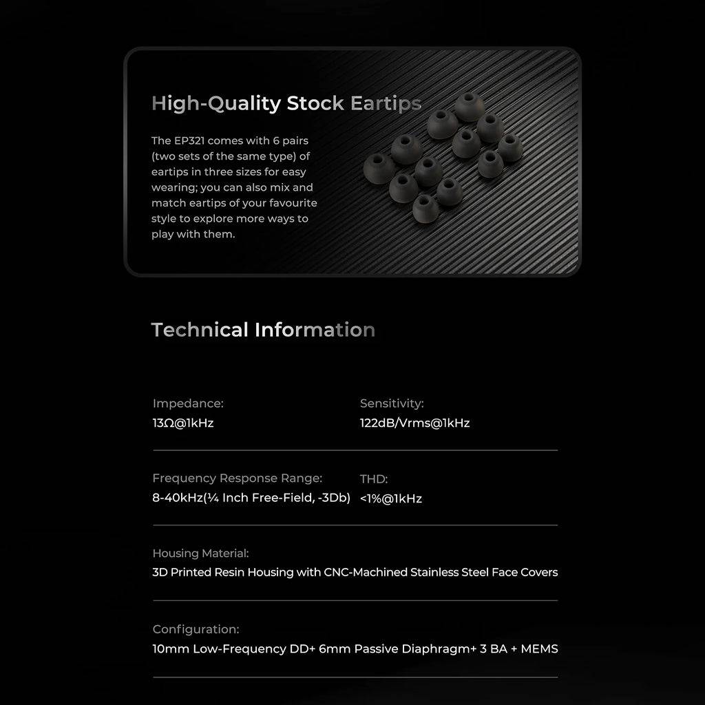 Technical specs and eartip options for BINARY – EP321 MEMS In Ear Monitor including impedance, sensitivity, and frequency range.