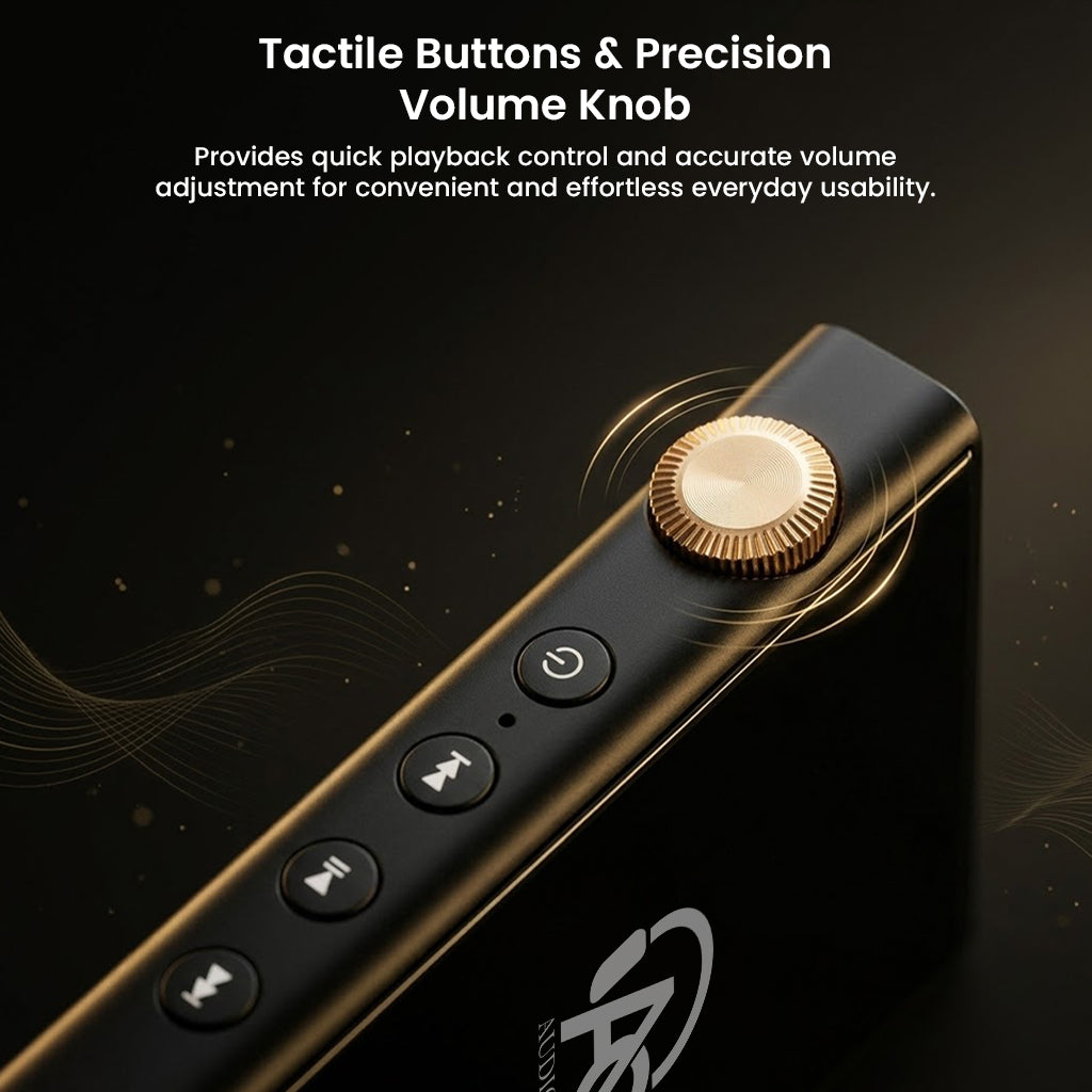 Close-up of tactile control buttons and gold volume knob on digital audio player