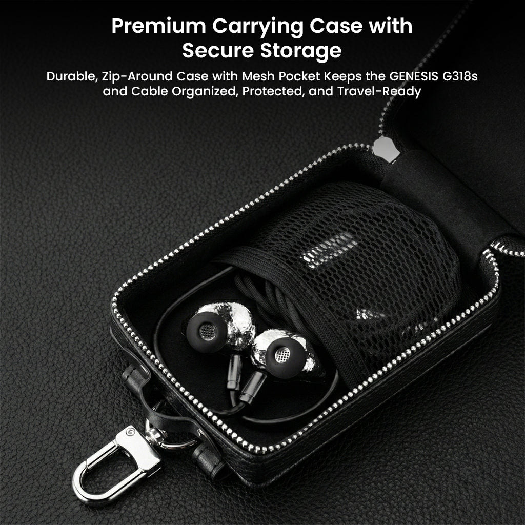 Premium carrying case with mesh pocket for GENESIS G318s IEMs and cable, offering secure storage and travel-ready protection.