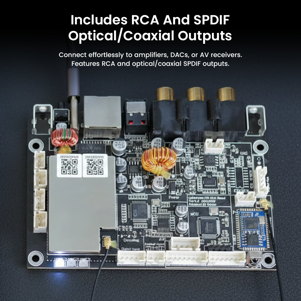 Arylic Up2Stream HD DAC board with RCA and SPDIF optical/coaxial outputs for easy connection to amplifiers or AV receivers.