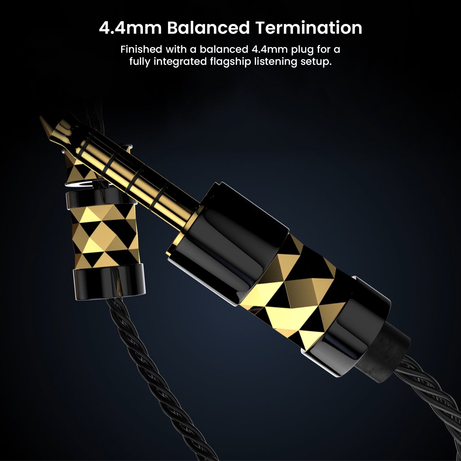 Close-up of 4.4mm balanced audio connector for headphones