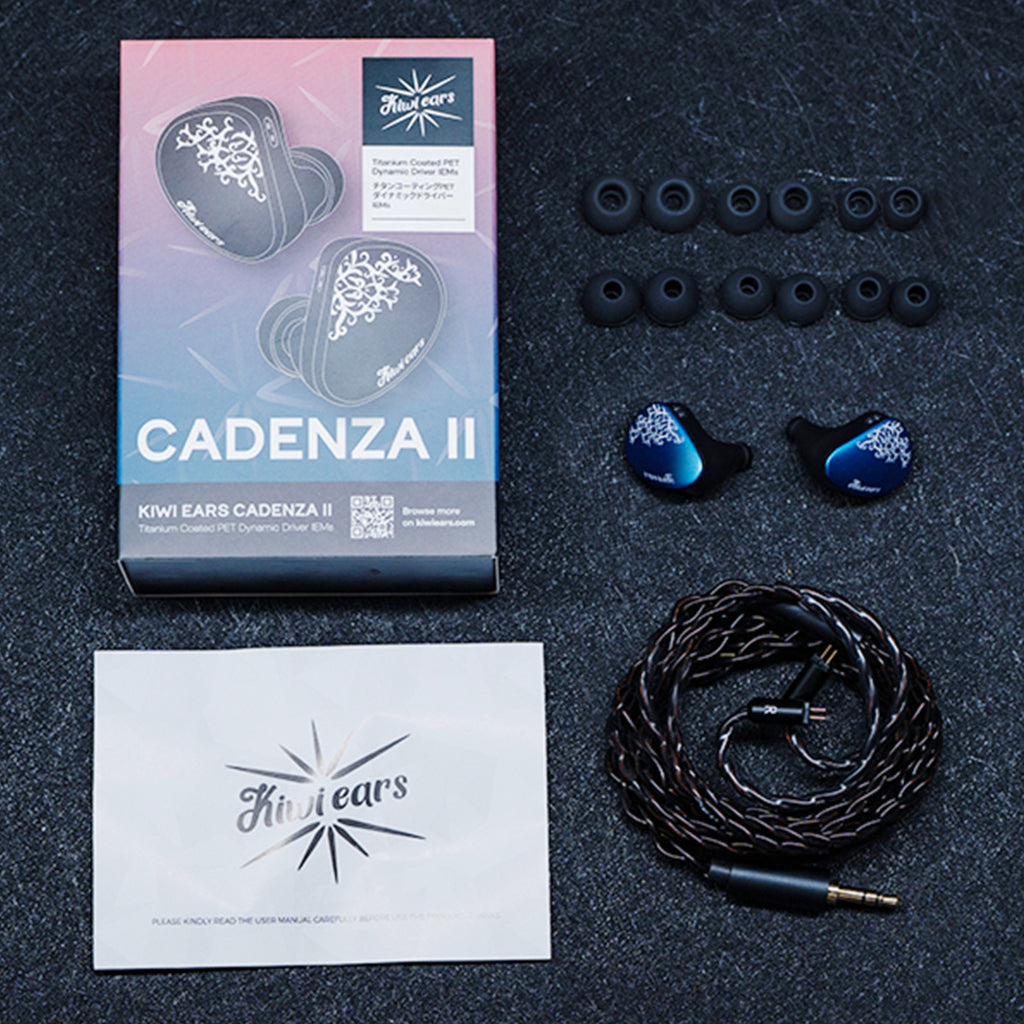 Kiwi Ears Cadenza II in-ear monitor packaging with ear tips and accessories