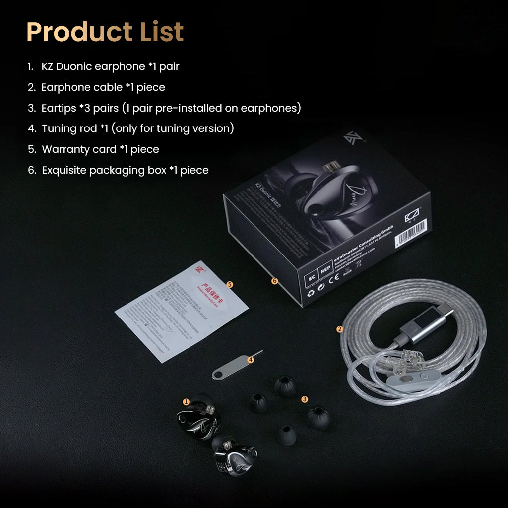 KZ Duonic IEM full product list with earphones, cable, eartips, tuning rod, warranty card, and packaging box.
