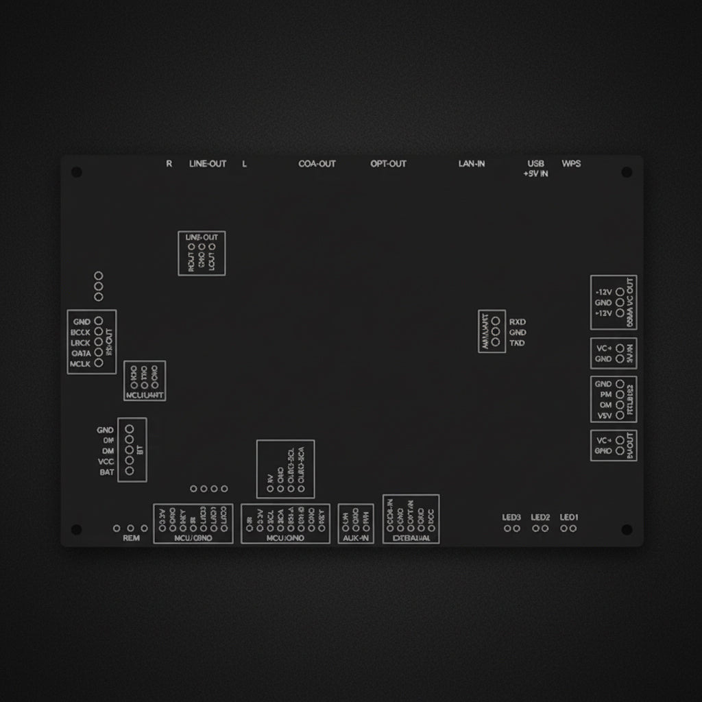 Pinout diagram of Arylic Up2Stream HD DAC board showing labeled connections for audio and power integration.