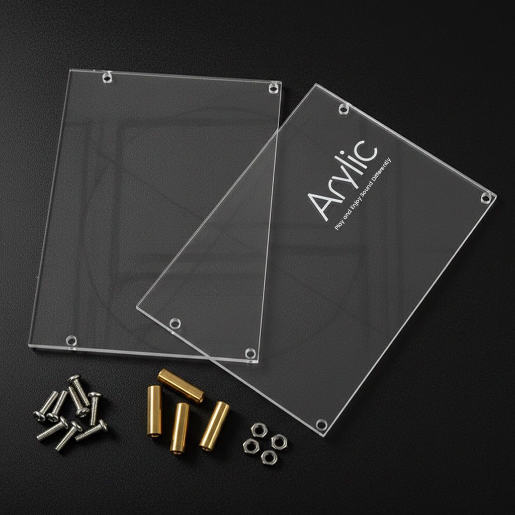 Arylic Up2Stream HD DAC acrylic case with screws and standoffs for protective DIY board enclosure assembly.
