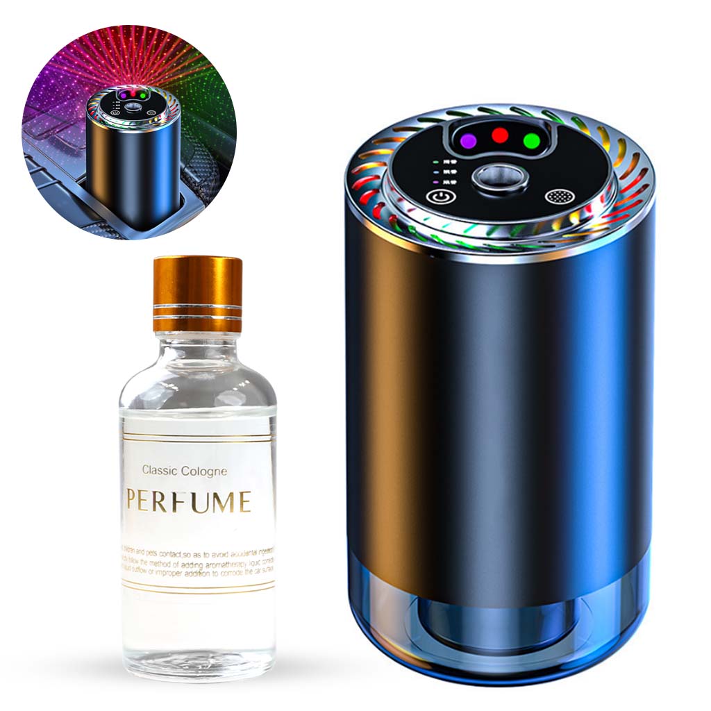 Z11-B Car Air Freshener Diffuser Smart Atomizer with RGB starlight projector and included perfume bottle for vehicle interior ambiance.