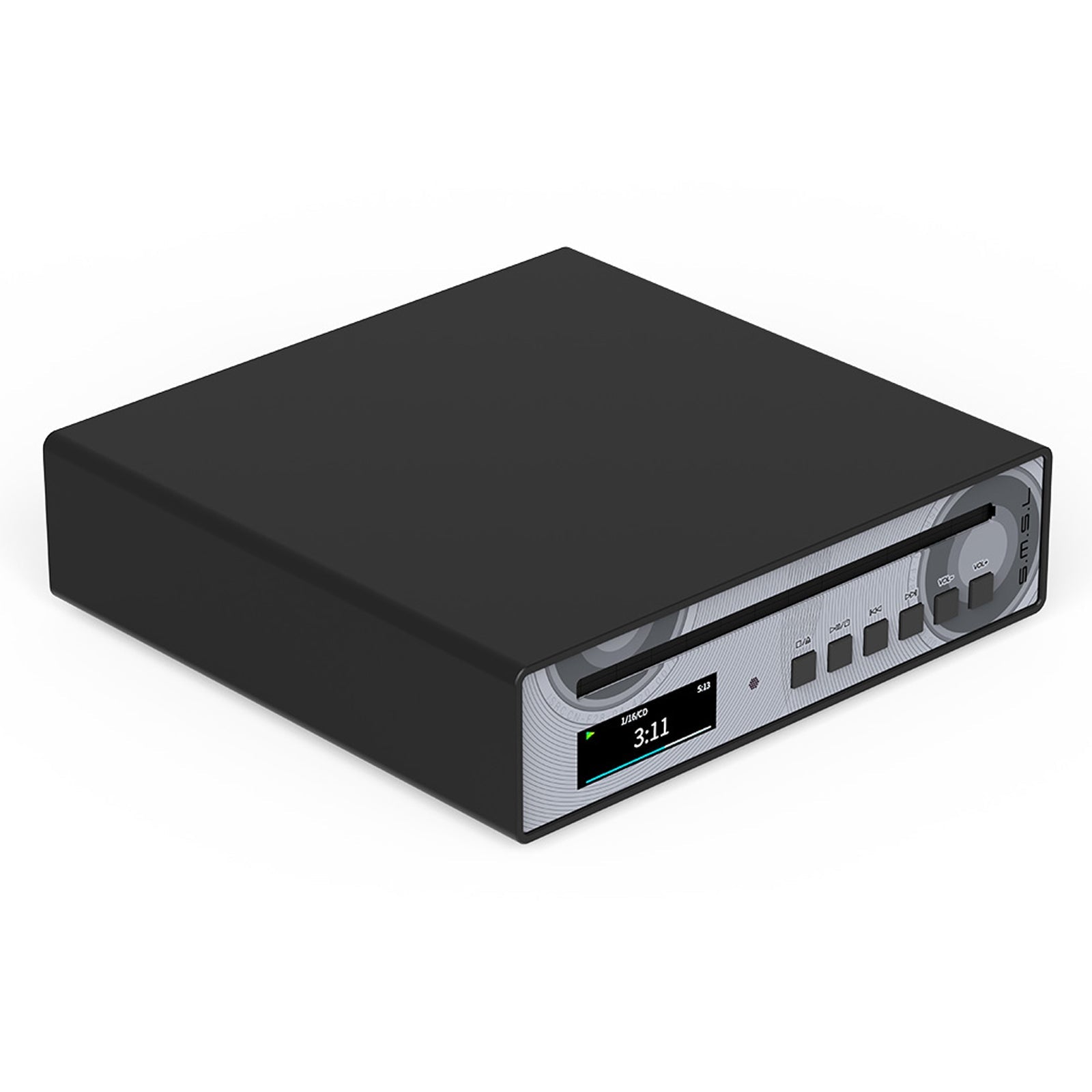 Black portable CD player with digital display and control buttons