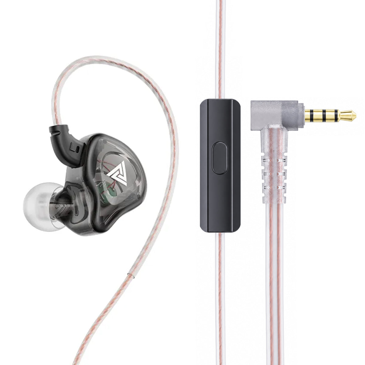 Close-up of black and transparent in-ear monitors with copper wiring, connected by a braided cable, showcasing high-performance audio components.
