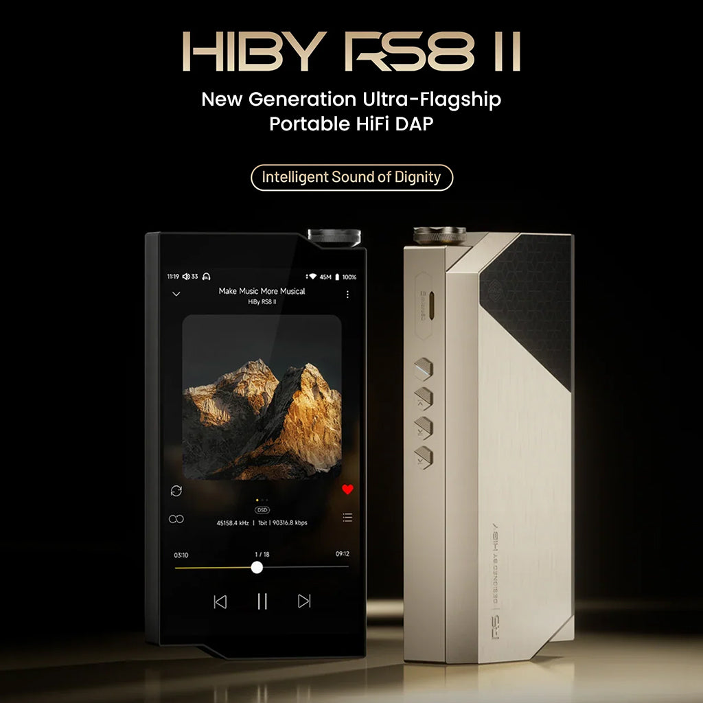 HiBy RS8II Android 13 Hi-Fi DAP in black and gold variants, highlighting ultra-flagship design and high-resolution audio playback.