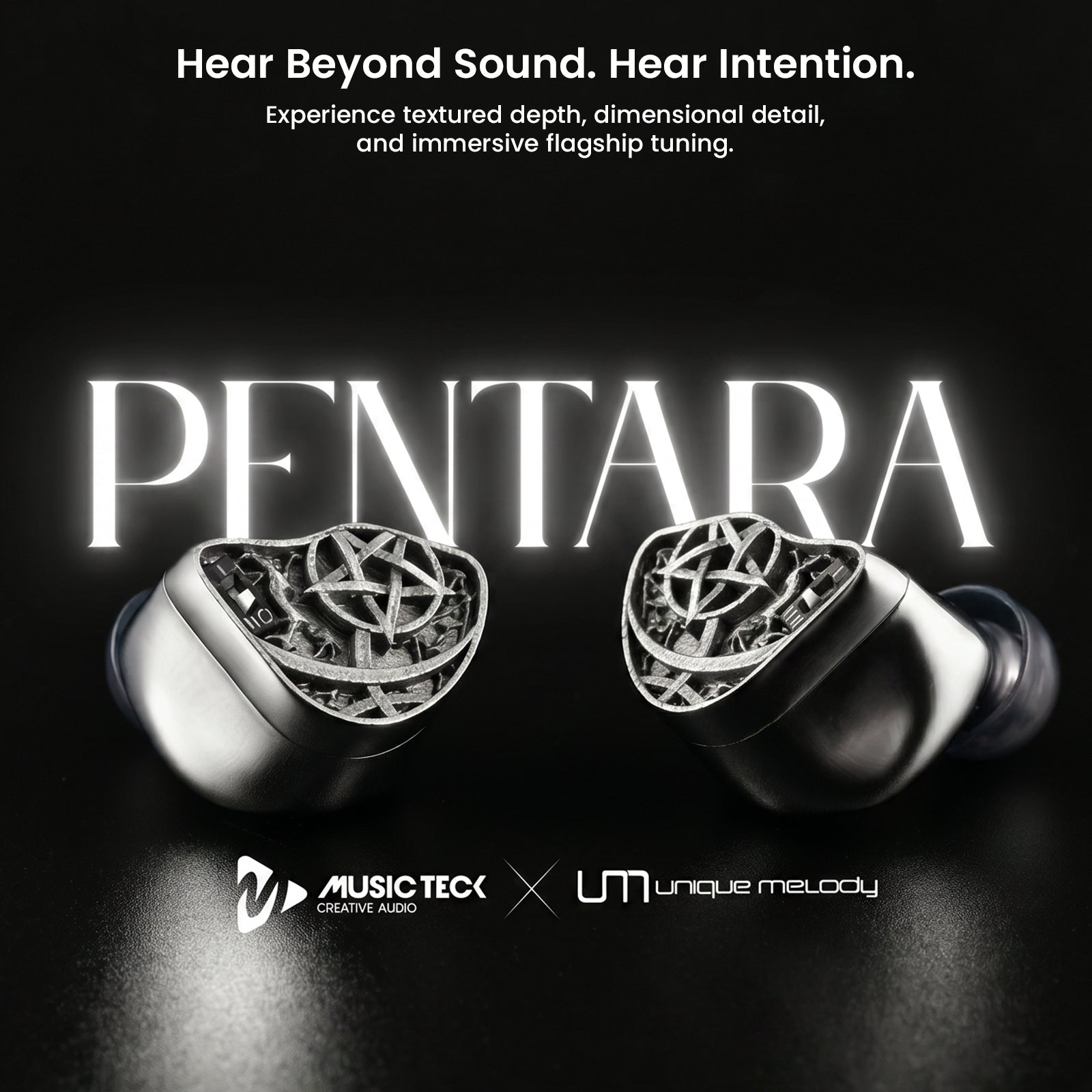 Close-up of silver Pentara IEM with dual tuning modes switch