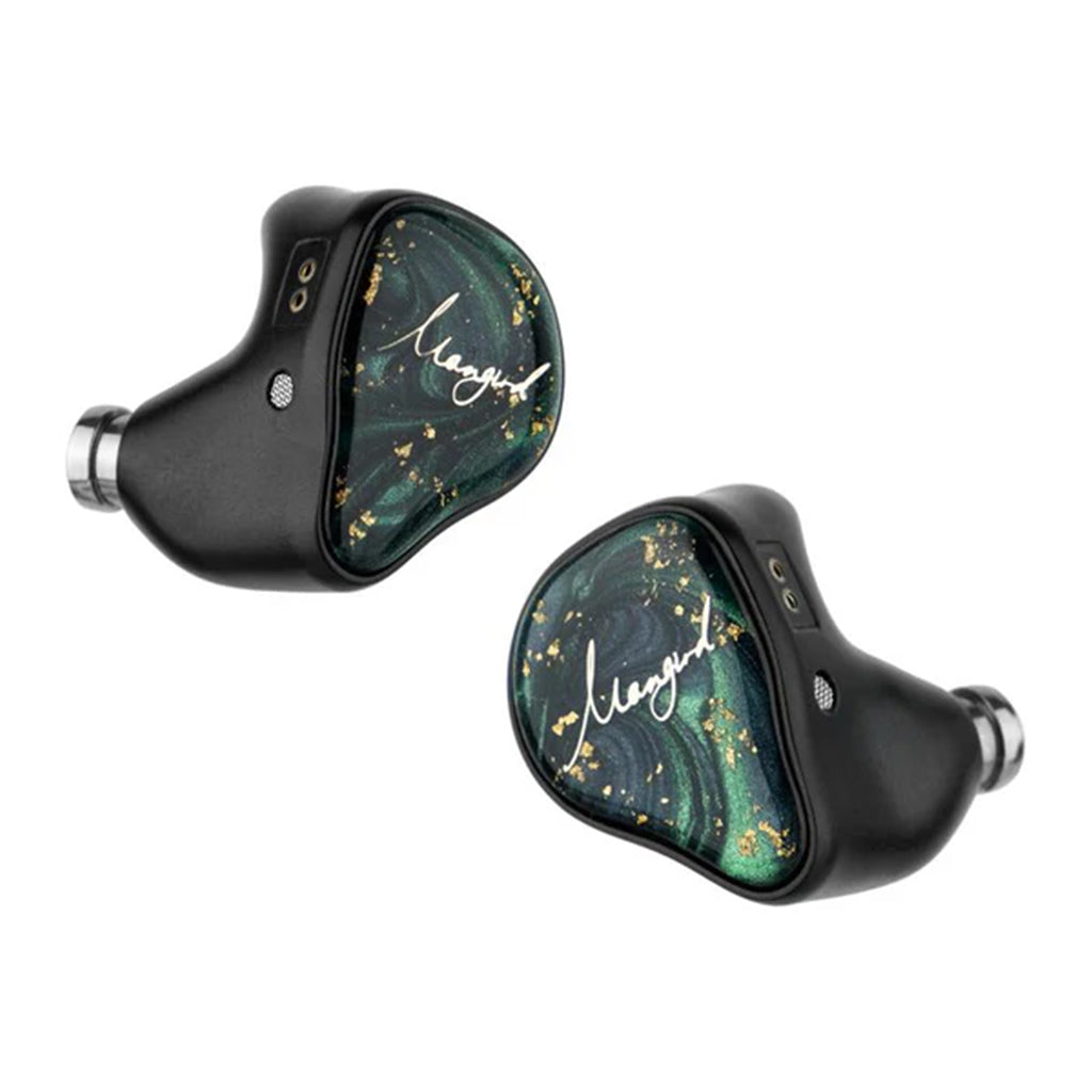 XENNS - Mangird Tea Pro SE 2DD+6BA IEM with handcrafted green resin faceplates and ergonomic black aluminum shells.