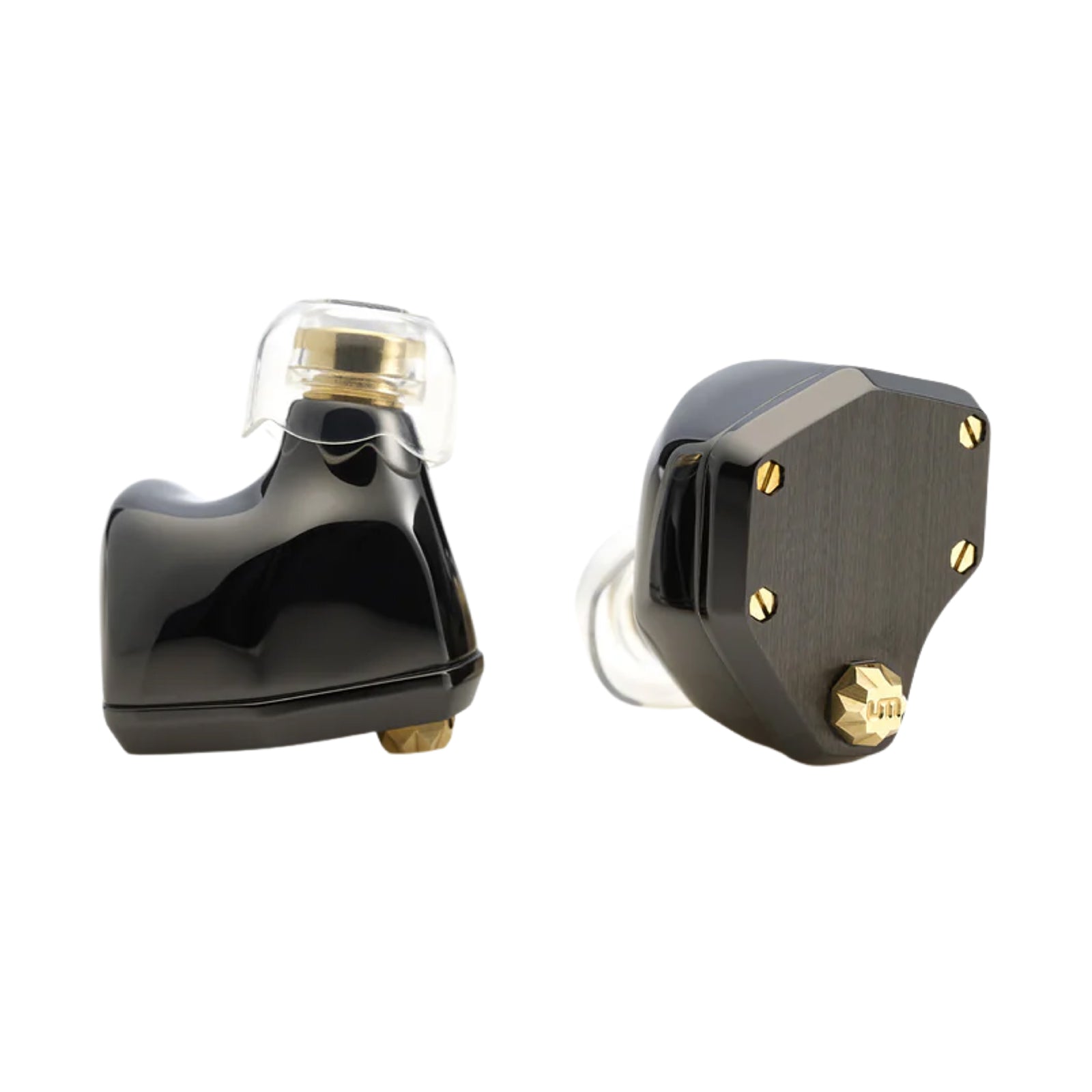 Black and gold in-ear monitor with transparent ear tip