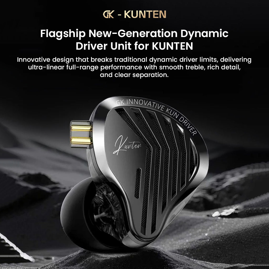 Close-up of GK-KUNTEN IEM showcasing flagship dynamic driver unit with ultra-linear full-range performance and premium build quality.