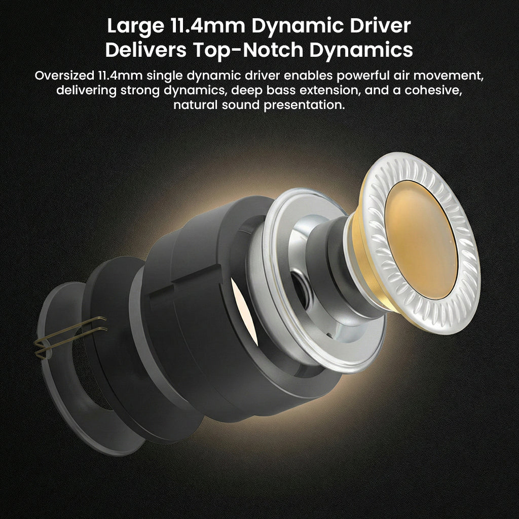 Exploded view of GENESIS G318's 11.4mm dynamic driver showcasing powerful bass and natural sound dynamics for audiophile-grade performance.