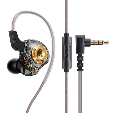 QKZ-AK6 Wired IEM in black with gold driver and HD mic, designed for immersive Hi-Res audio and deep bass.