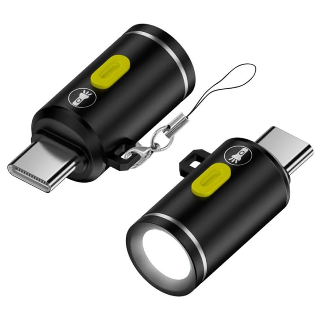 Dual view of TECPHILE Mini Flashlight Adapter showing USB-C connector and LED light, designed for portable, plug-and-play illumination.