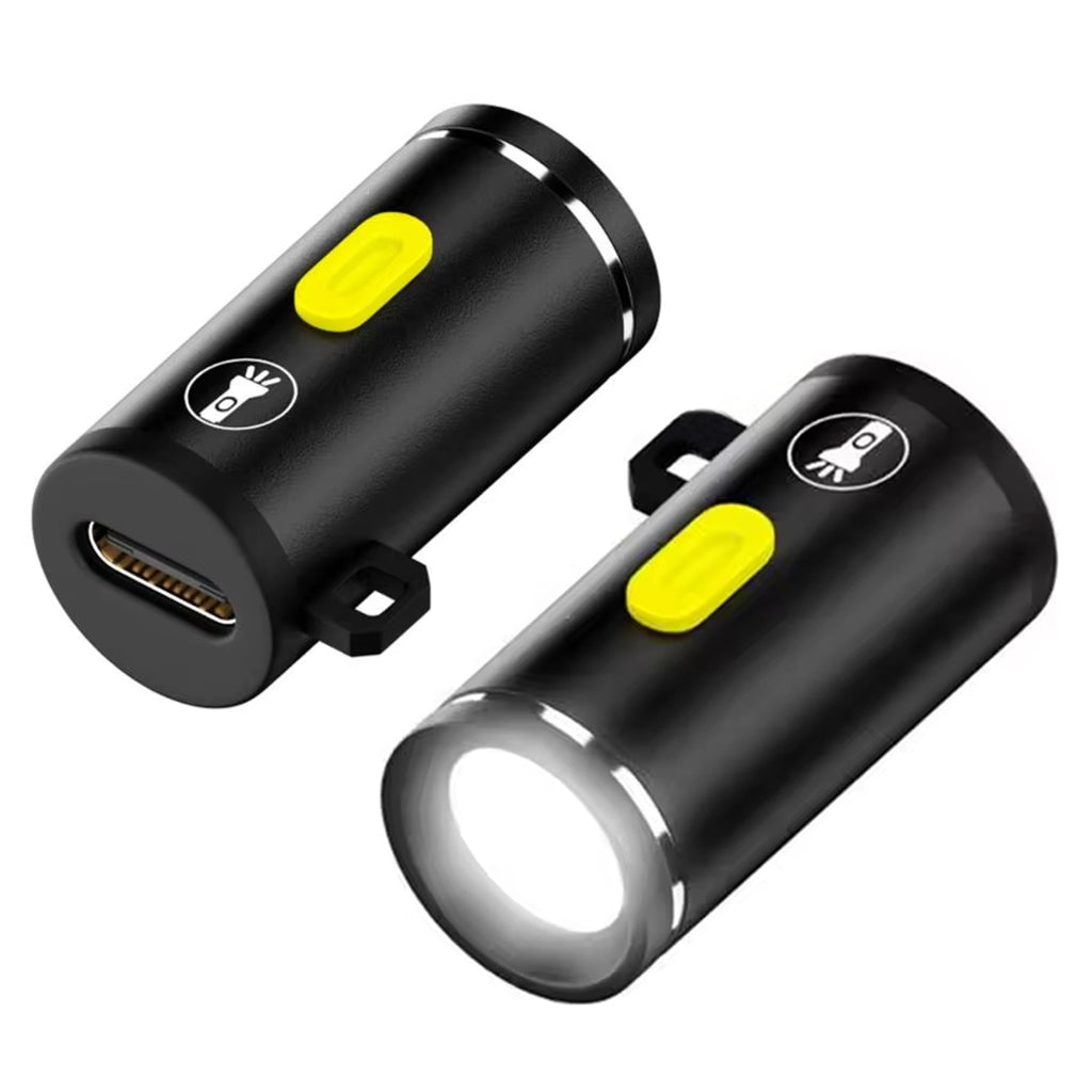 Dual-angle view of TECPHILE Mini Flashlight Adapter with USB-C port and bright LED, showcasing its portable and durable flashlight design.