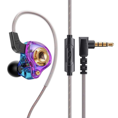 QKZ-AK6 Wired IEM in vibrant purple-blue with gold detailing and HD mic, delivering Hi-Res audio and ergonomic comfort.