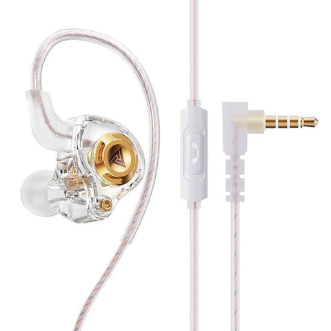 QKZ-AK6 Wired IEM in clear white with gold driver and in-line mic, offering stylish design and high-quality sound.