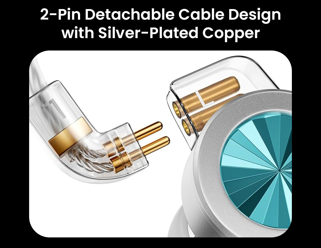 A close-up macro shot of a clear, angled 2-pin connector on a silver-plated copper cable, about to be inserted into the corresponding port on an IEM.