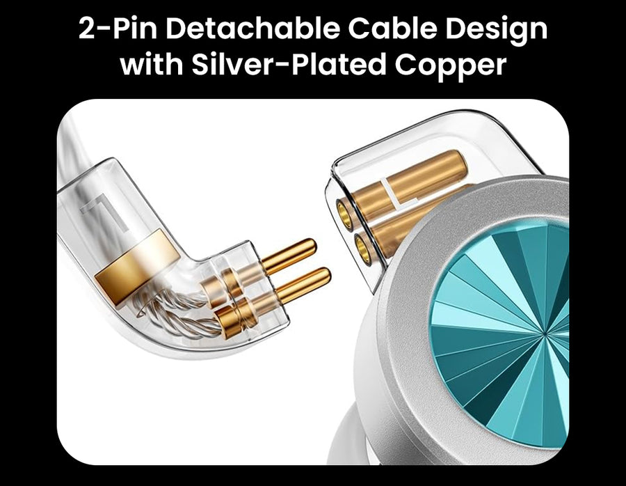 A close-up macro shot of a clear, angled 2-pin connector on a silver-plated copper cable, about to be inserted into the corresponding port on an IEM.