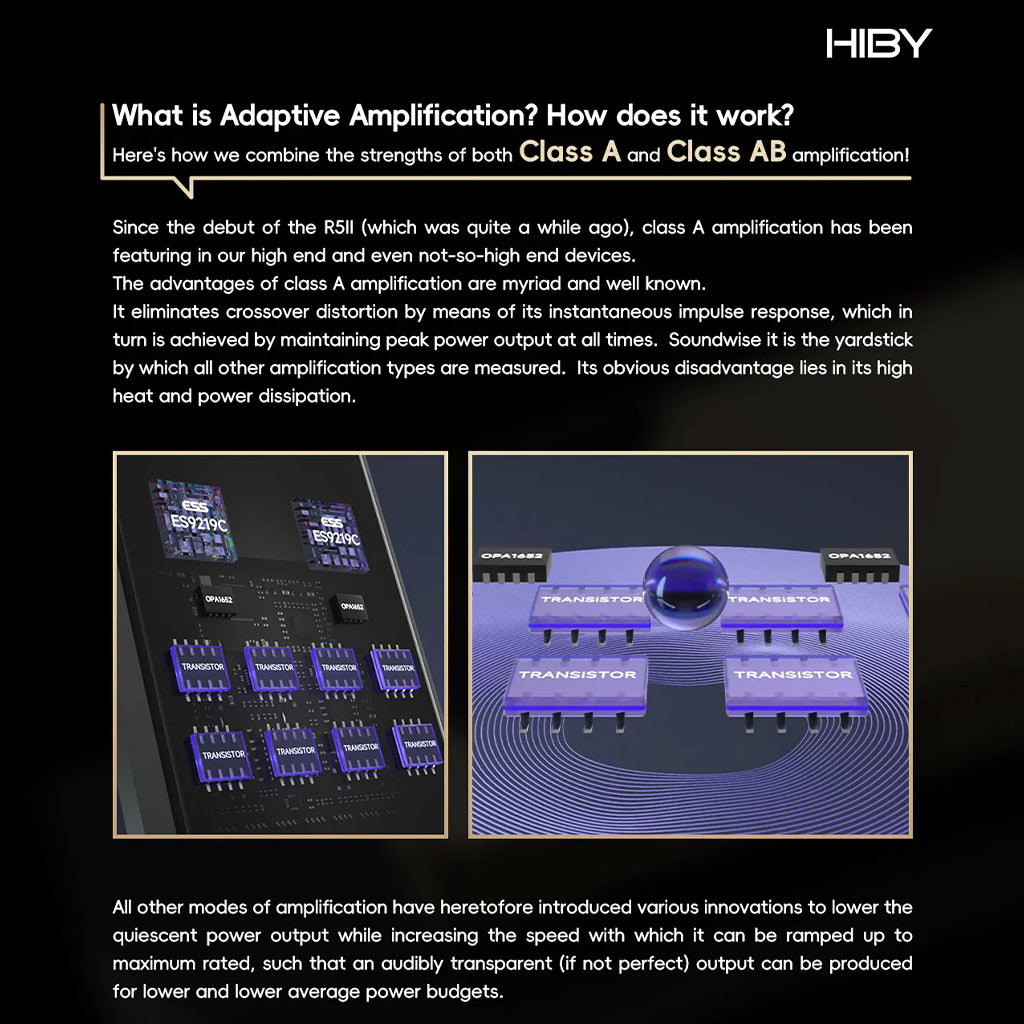 HiBy RS8II adaptive amplification combining Class A and AB for dynamic, transparent sound performance.