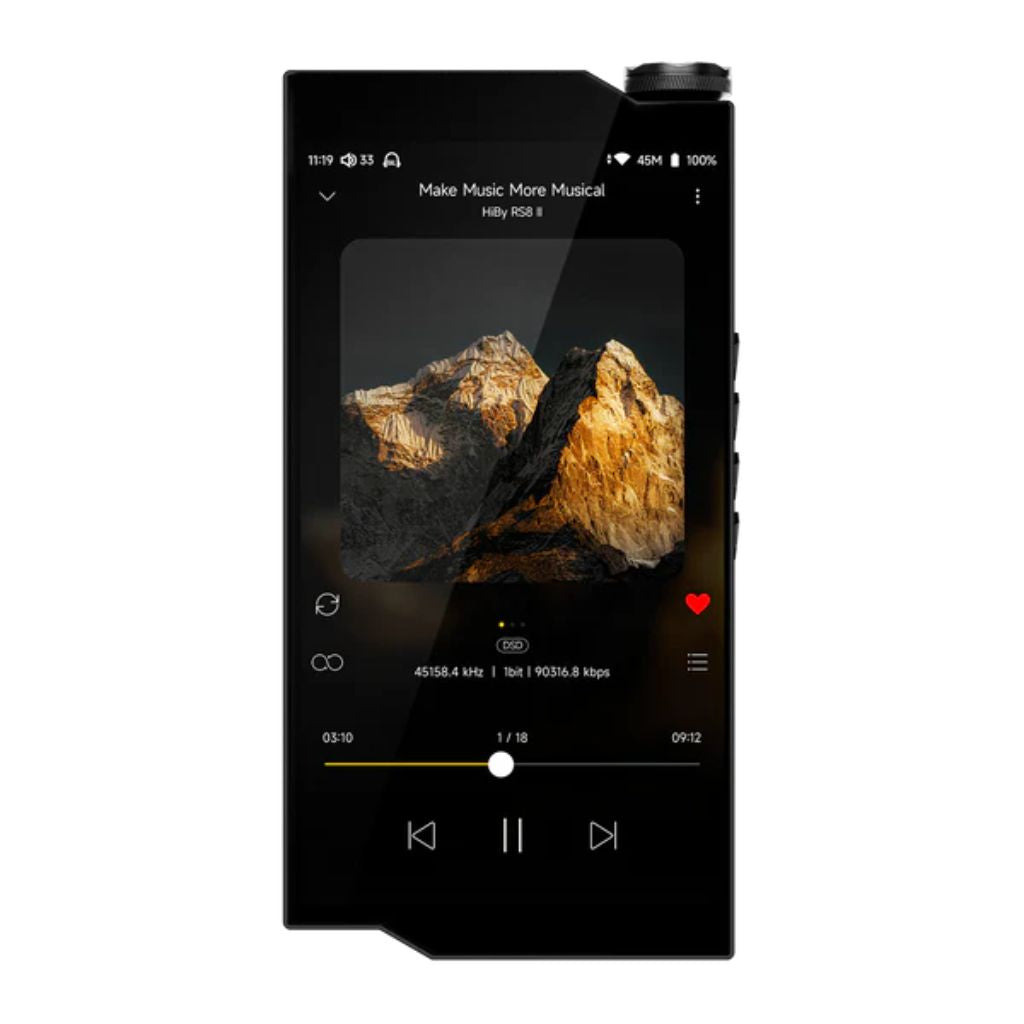 HiBy RS8II front view in black finish displaying music interface and high-resolution playback features.