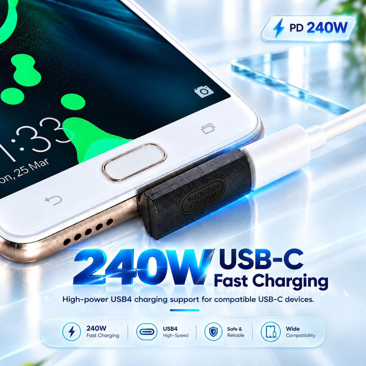 Close-up of a smartphone with a USB C port, showing a black USB C audio support adapter, highlighting versatile audio compatibility, with text overlay