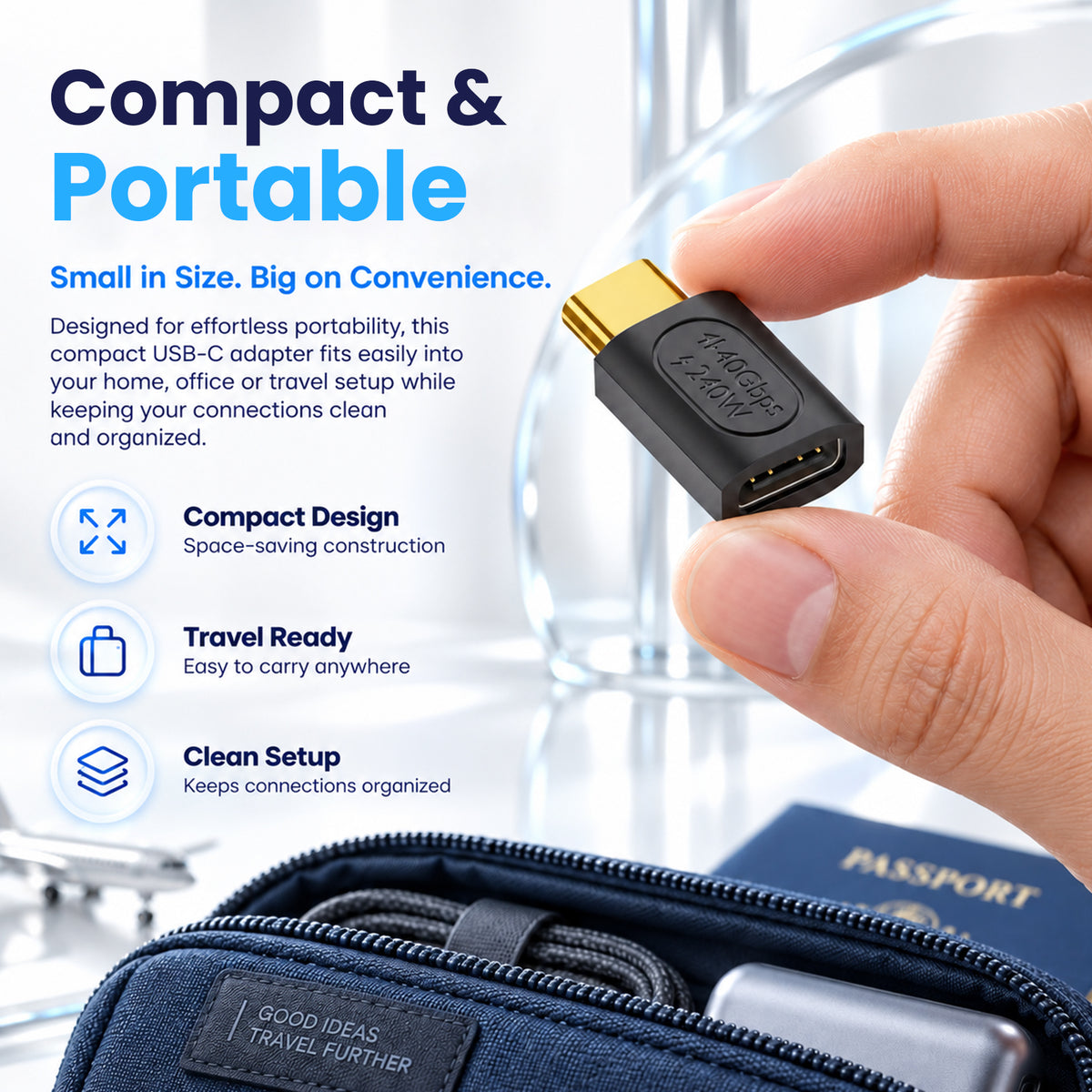 Hand holding a black USB C adapter with gold-plated connector, compact and portable design, suitable for travel, with text overlay