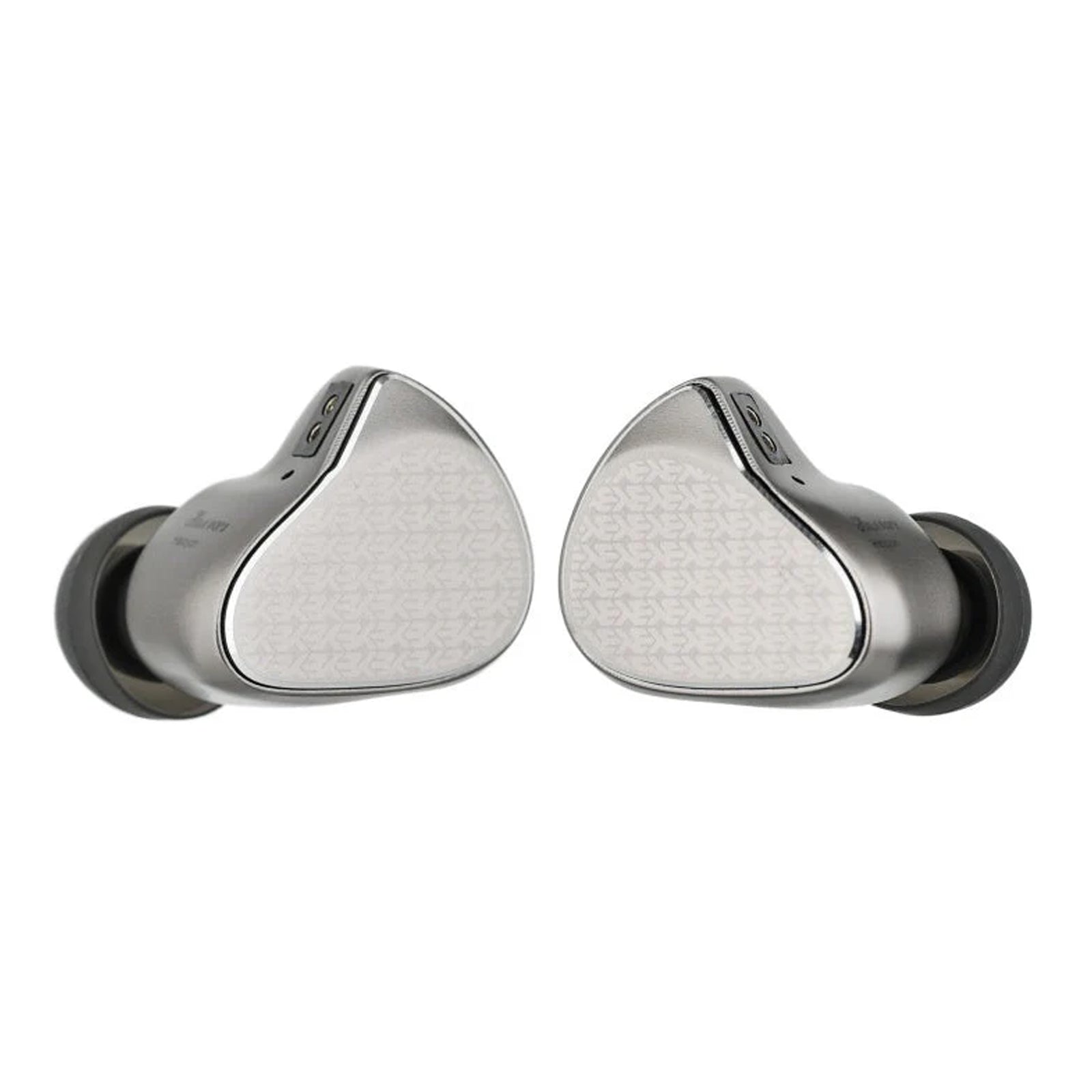 Detailed view of the silver and black in-ear monitors with braided cable, highlighting premium build quality and design