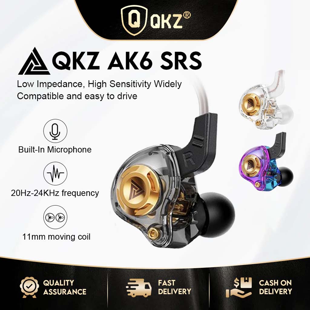 QKZ AK6 SRS IEM product overview with built-in mic, 11mm driver, and wide compatibility for high-sensitivity audio performance.