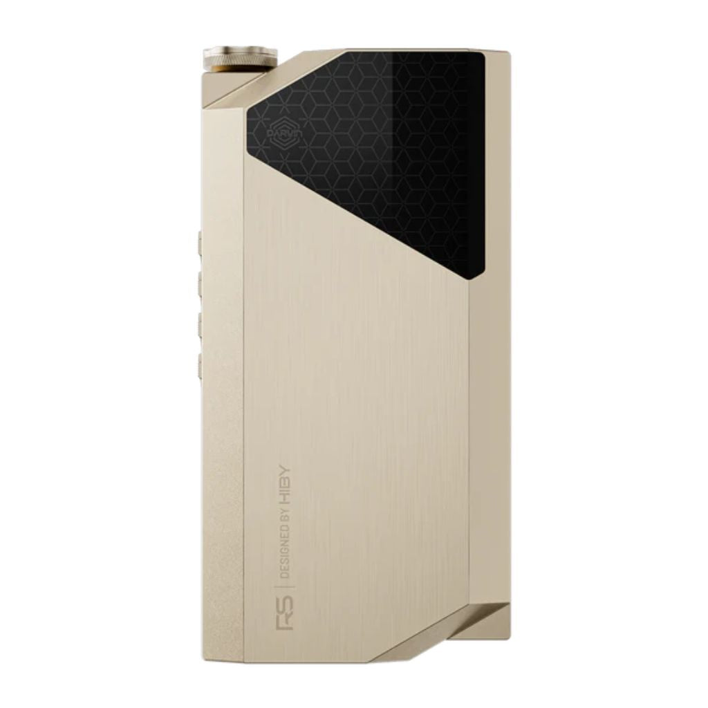 HiBy RS8II flagship digital audio player in gold finish with geometric design, showcasing premium build and Android 13 compatibility.