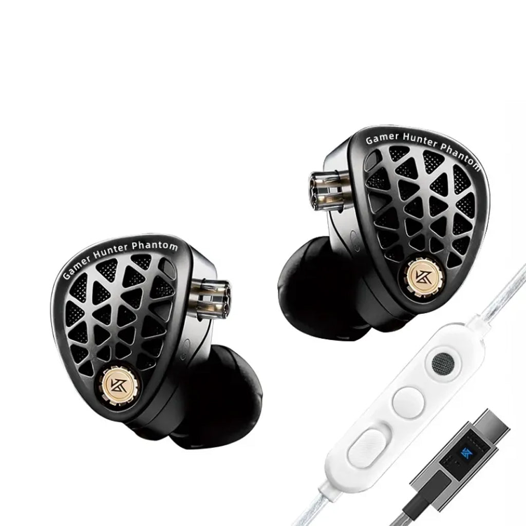 KZ Phantom gaming in-ear monitors with black design and gold accents