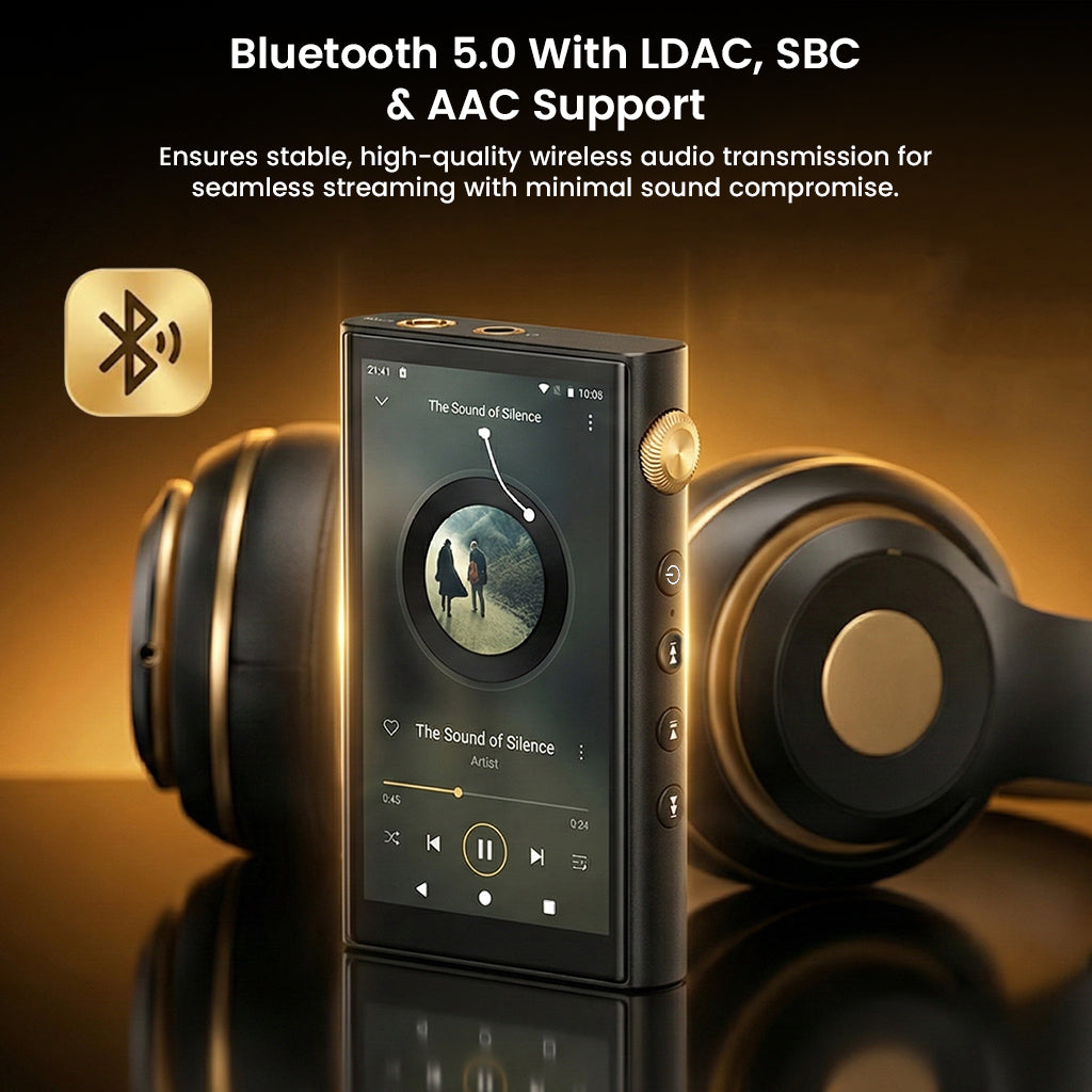 Music player with Bluetooth 5.0 support and headphones on a reflective surface