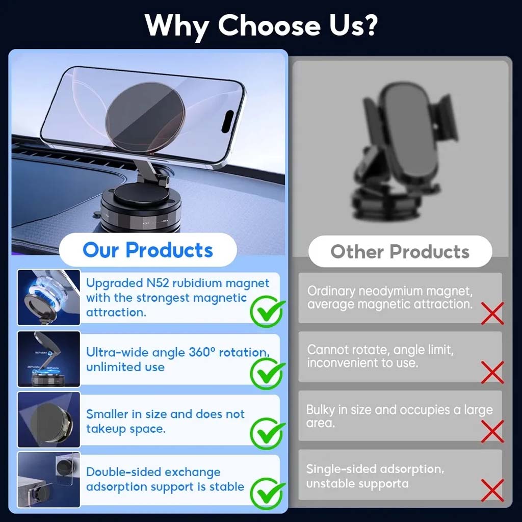 Comparison chart showing TECPHILE T30's advantages like N52 magnet, 360° rotation, compact size, and dual-sided support over competitors.