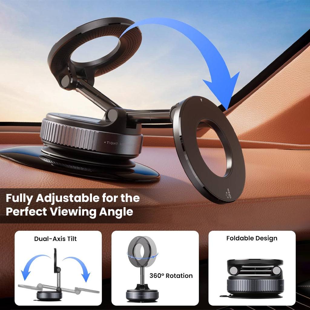 TECPHILE magnetic phone holder features dual-axis tilt and 360° rotation for optimal viewing angles, ideal for car dashboards and windshields.