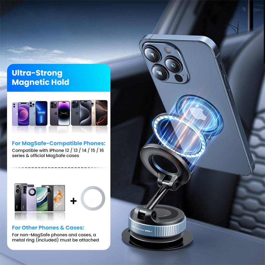 TECPHILE magnetic phone holder supports iPhone 12–16 and MagSafe cases, includes metal ring for universal compatibility with Android devices.