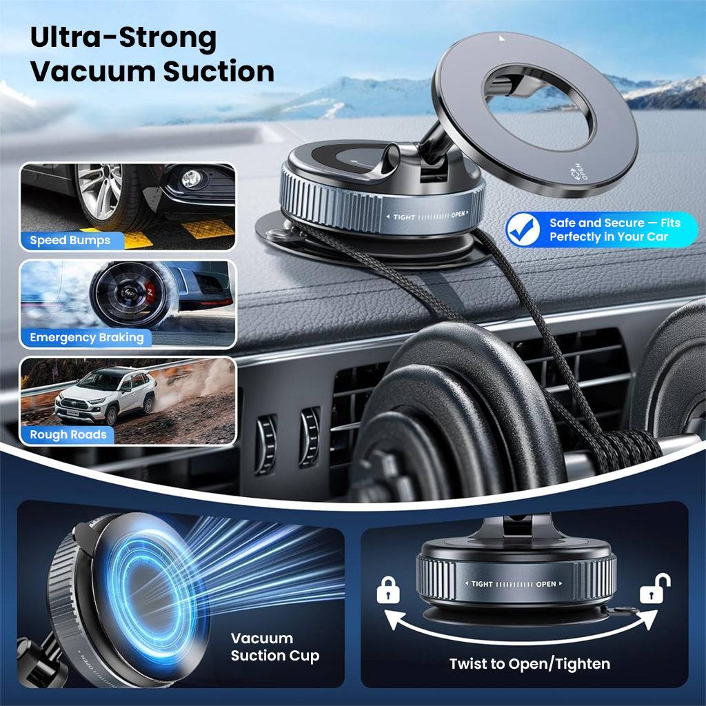 TECPHILE magnetic phone holder with ultra-strong vacuum suction ensures stability on rough roads, speed bumps, and during emergency braking.