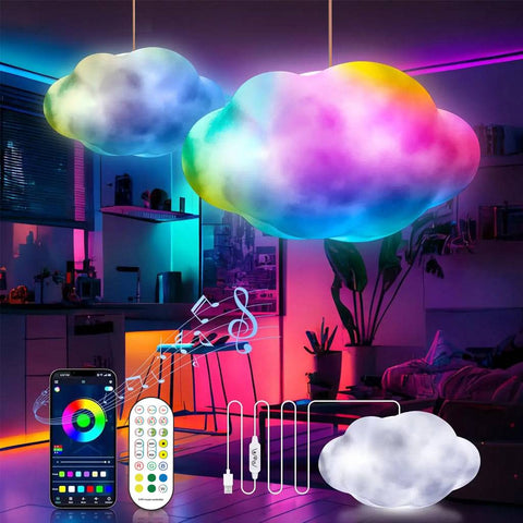 TECPHILE 3D customizable DIY cloud light with app and remote control, glowing in multicolor above a modern living space with music sync feature.