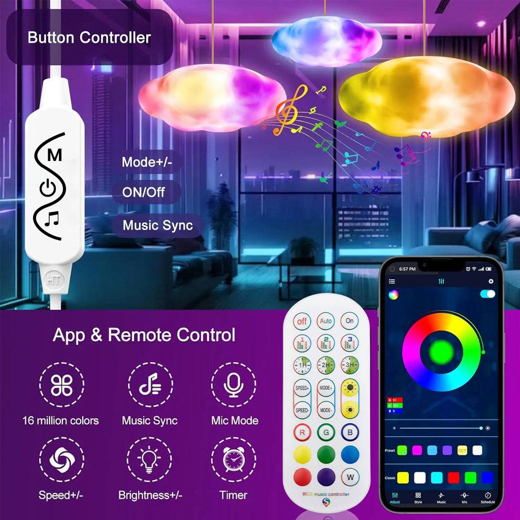 TECPHILE cloud light with app and remote control showing 16 million color options, music sync, and brightness settings for home decor lighting.