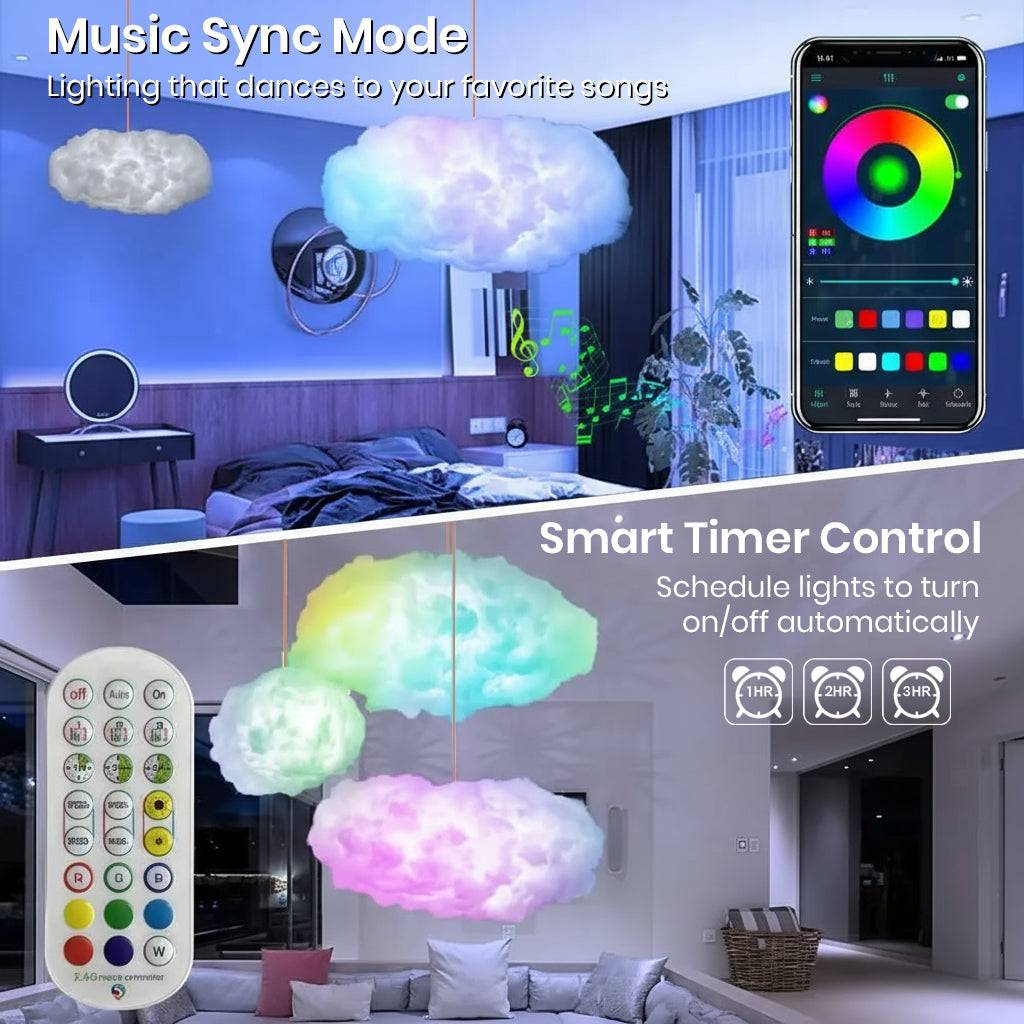 Smart timer and music sync features of TECPHILE DIY cloud light, ideal for bedrooms with customizable lighting effects via mobile app.